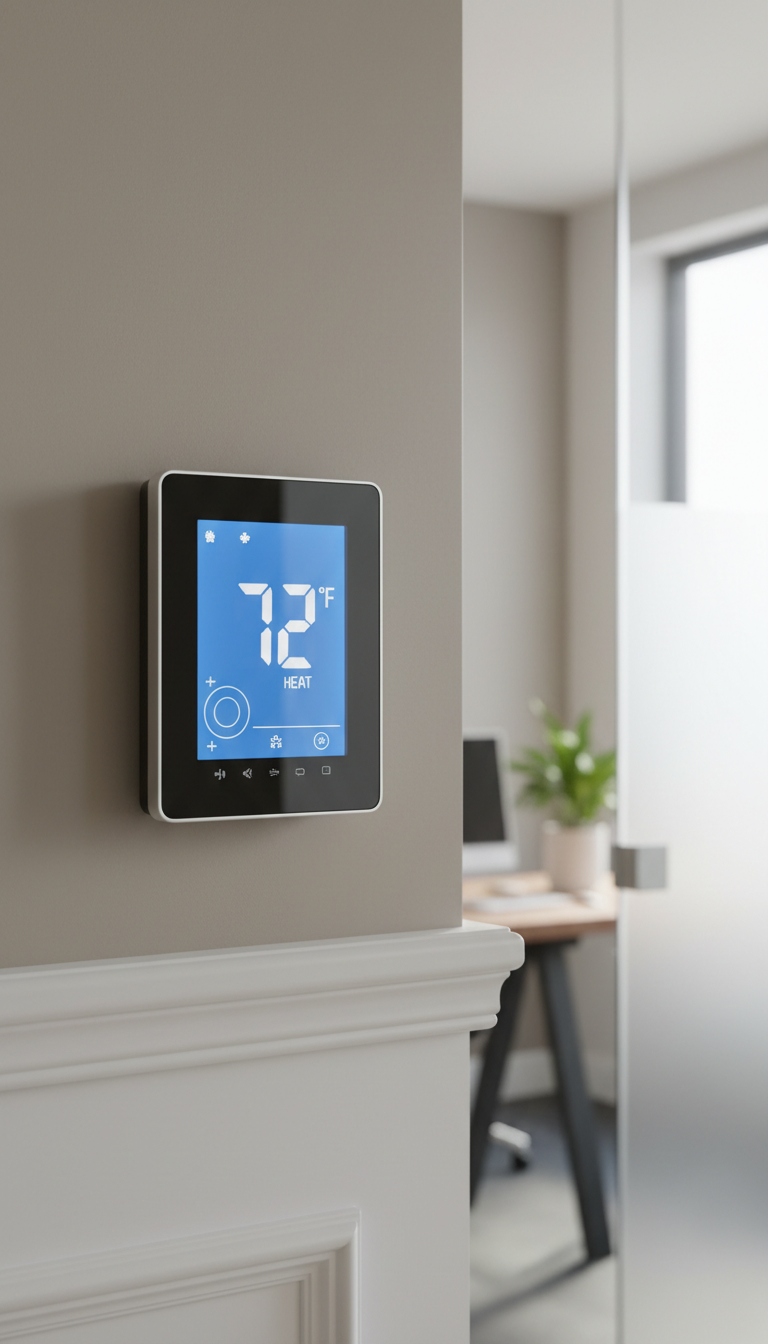 A modern, wall-mounted digital thermostat with a bright, legible display shows precise temperature settings and system status. The device is set into a smooth, neutral-toned painted wall, complemented by crisp white trim and uncluttered surfaces. Soft, natural window light spills evenly across the area, producing subtle reflections on the glossy thermostat screen. Composed in a centered, close-up frame with a shallow depth of field, the image offers careful detail of the thermostat's controls while gently blurring the background. The overall mood is calm and professional, reinforcing the clean, corporate style of an HVAC consultation or system evaluation environment.